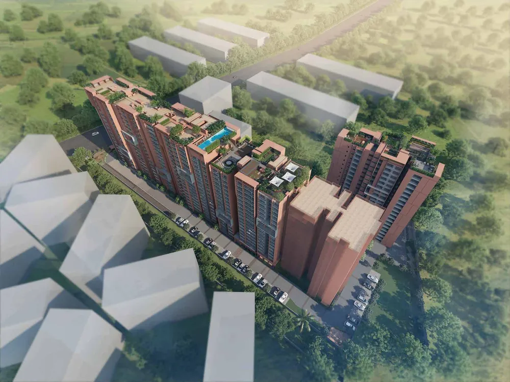 Artist's impression, aerial view with rooftop gardens