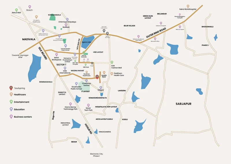 Location map of Soul Spring in HSR Layout showing Outer Ring Road, Silk Board, Hosur Road, Agara Lake and nearby schools, hospitals and business centres